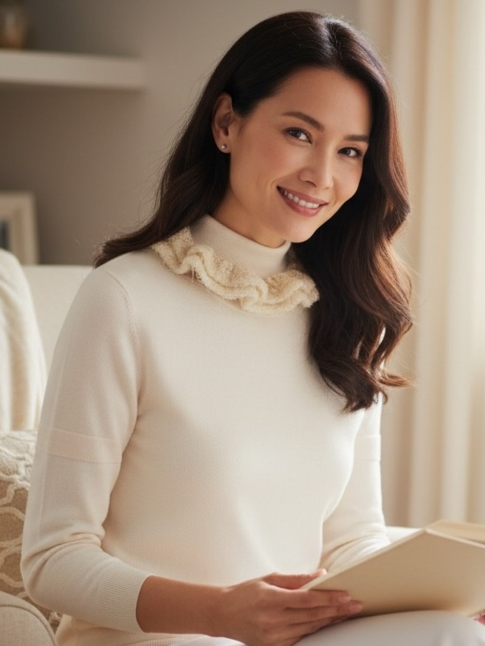 Fendi Cream Ruffle Turtleneck Sweater